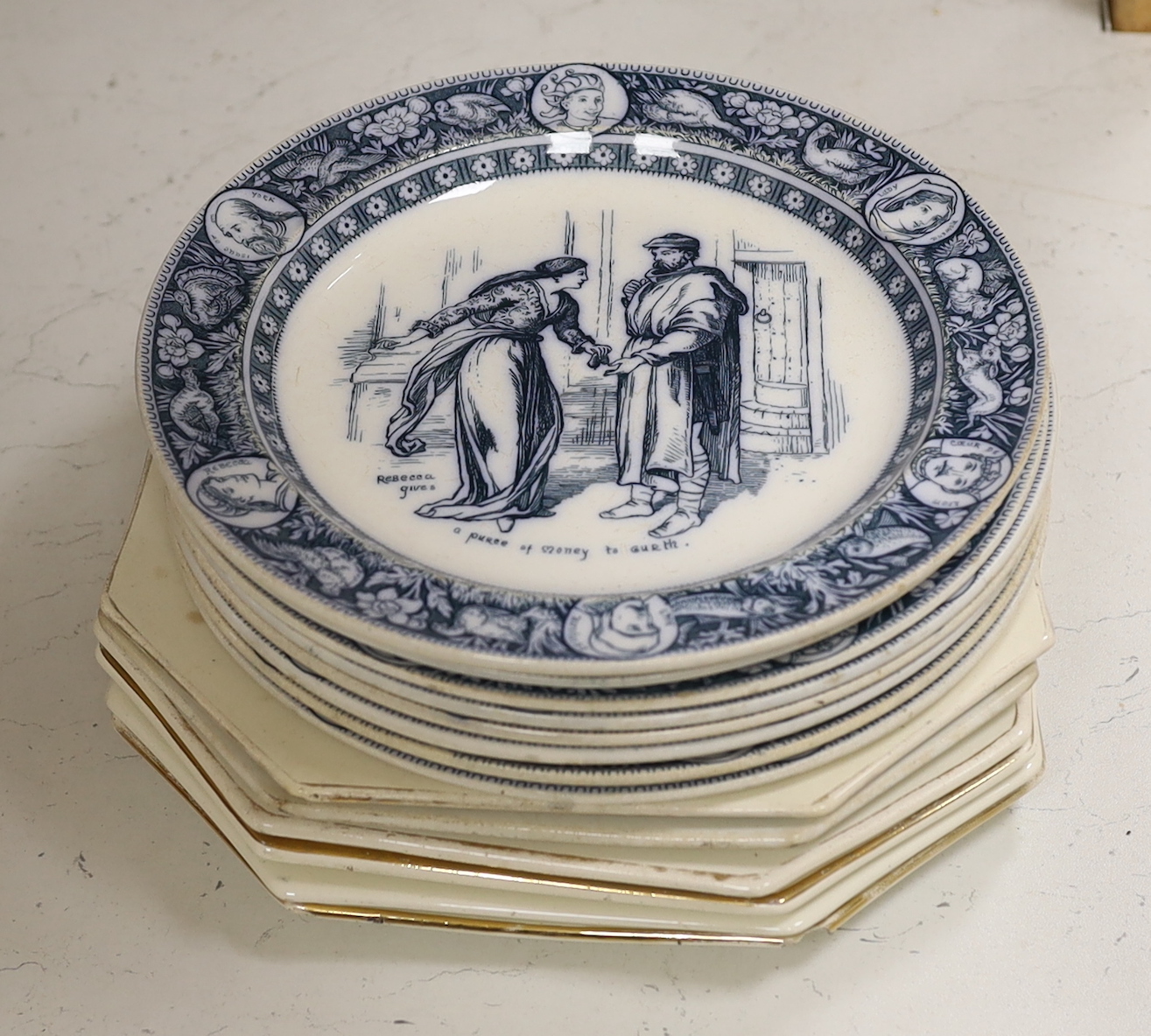 Six Wallis Gimson plates of 19th century politicians with eight Wedgwood Ivanhoe plates